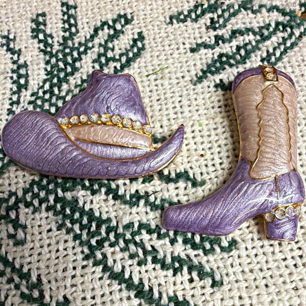 Western Cowboy Hat & Boot Enamel Rhinestone Pin Set Purple White Gold Tone